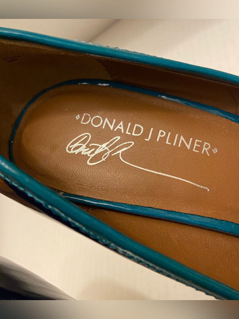 Donald J. Pliner Penni Tassel Color Block Navy and Teal Patent Peep-Toe Heels. - Picture 5 of 8